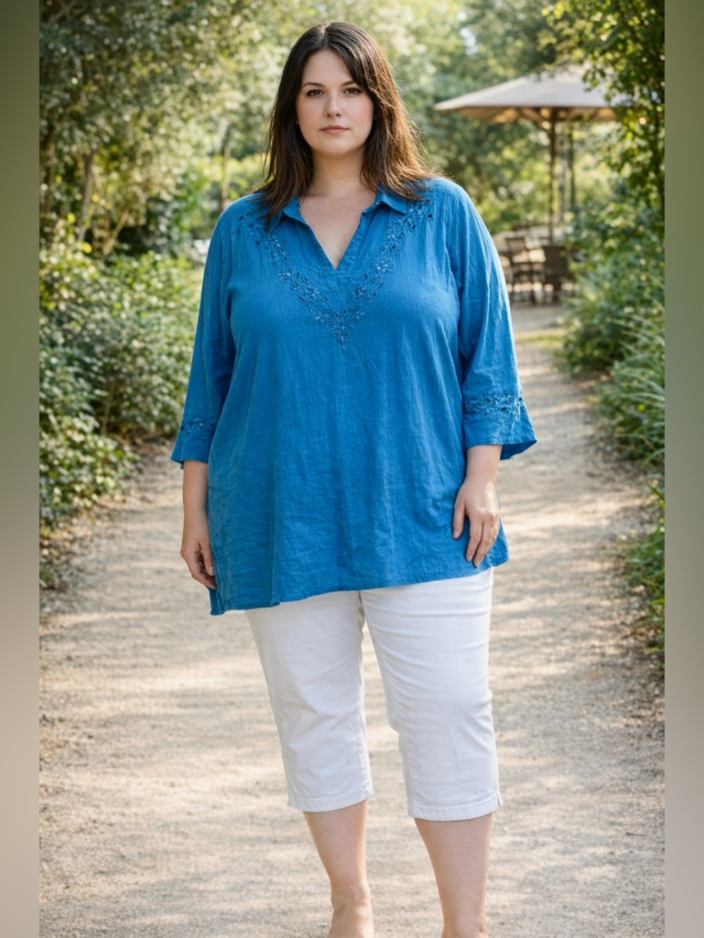 Boho Embroidered Gauze Tunic Top Blue 3X 4X Oversized Cotton Stretch Summer
